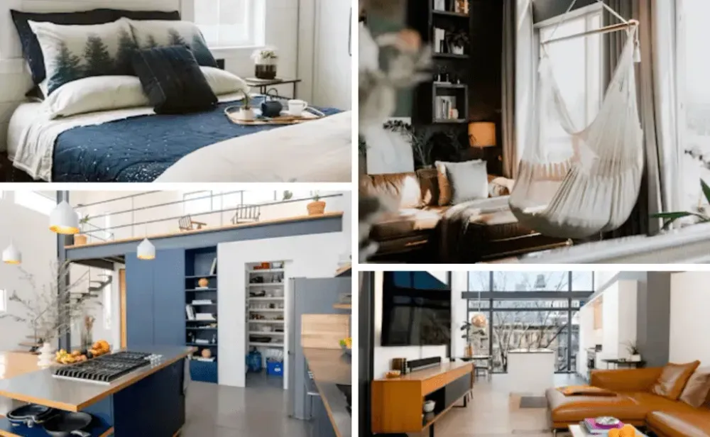 Collage of different types of rooms, one bedroom to living room, and a kitchen all in different styles.